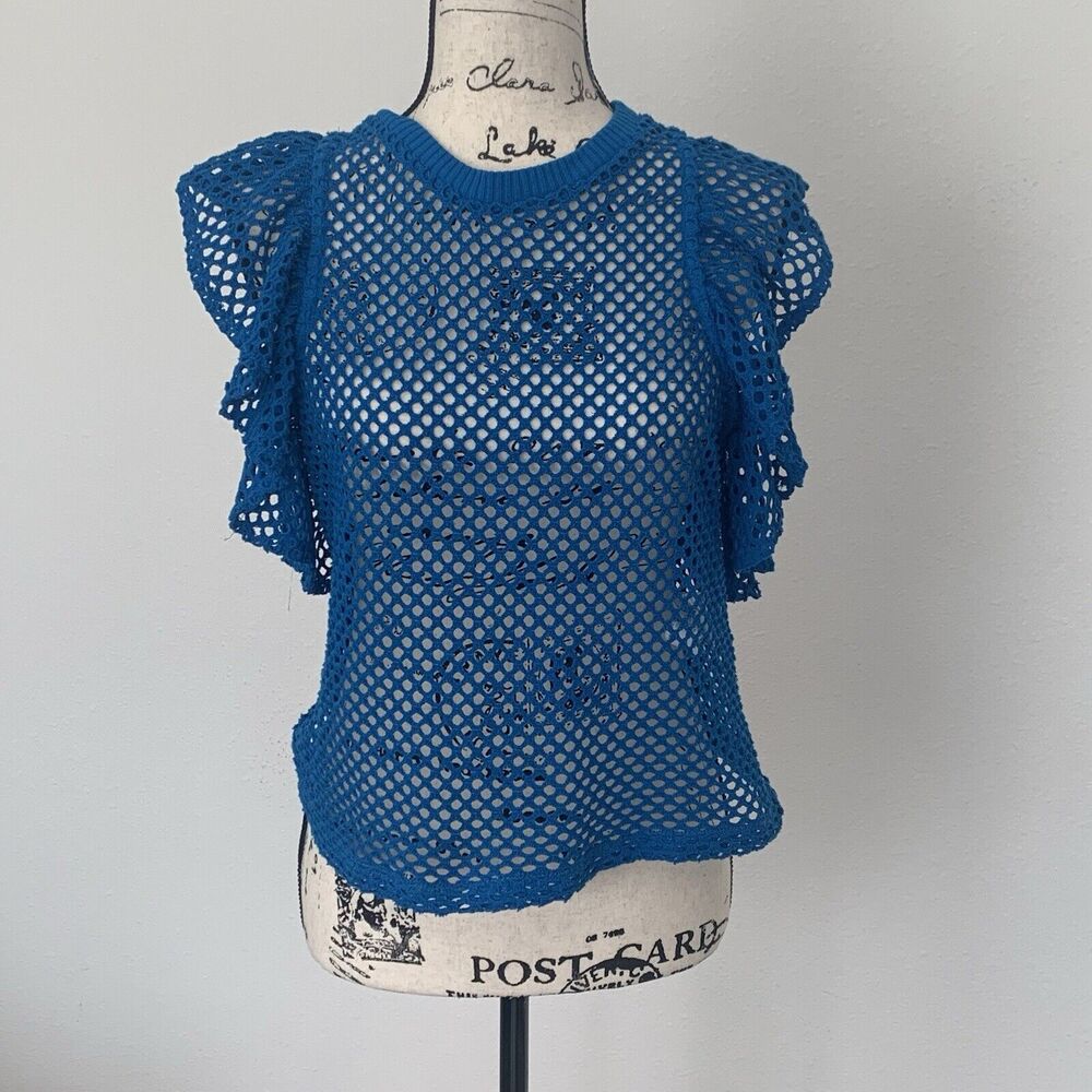 Zara Blue Net Racerback Blouse With Flutter Sleeves Size Medium